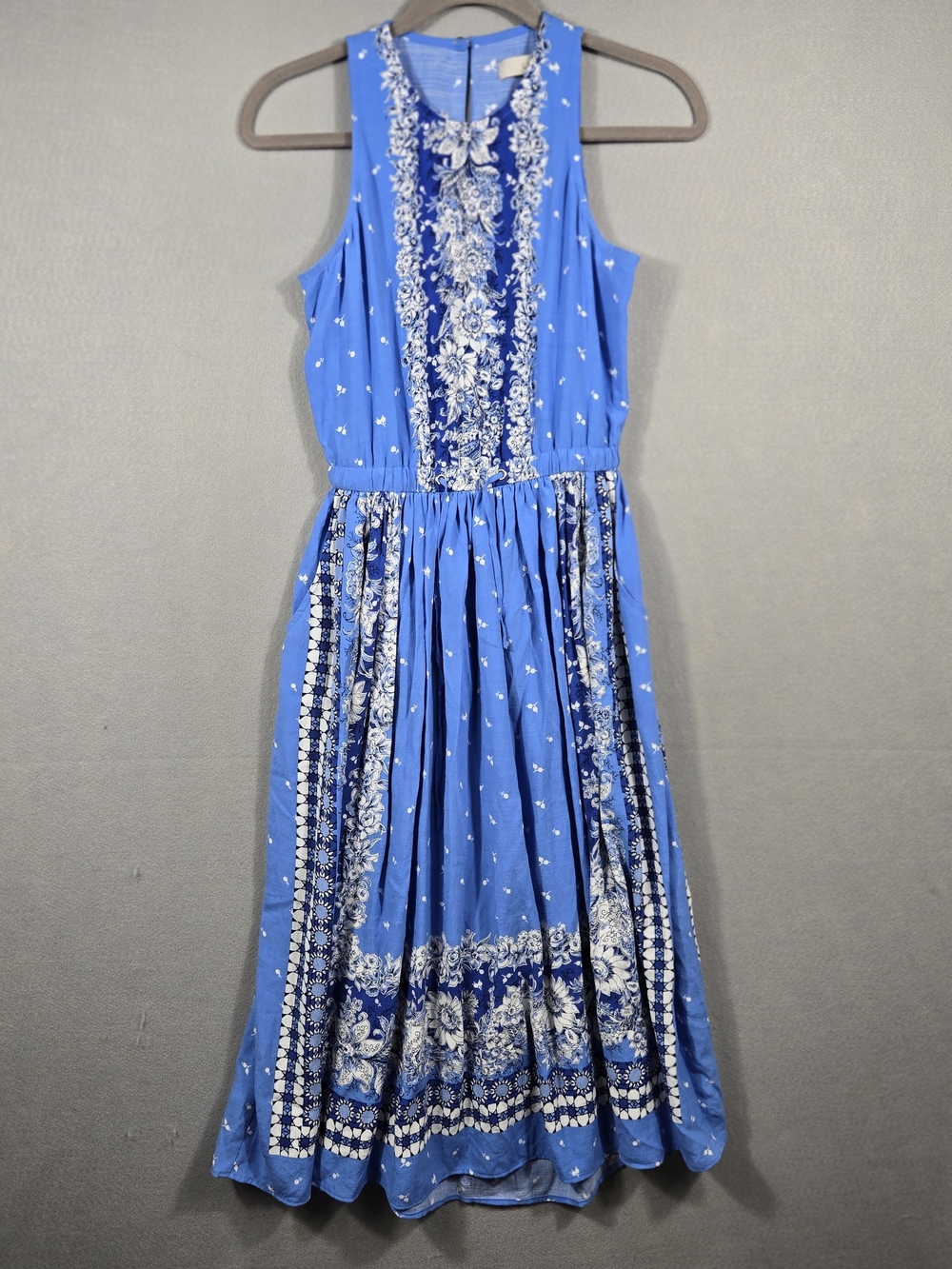 LOFT Blue Floral Border Print Sleeveless Midi Dress